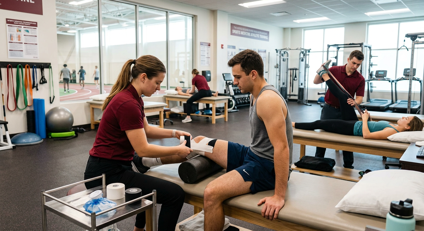 Sports injury evaluation — therapist taping an athlete's knee at King Physical Therapy Early TX